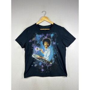 Space Galaxy Aesthetic Bob Ross Mens Large Black Raw Hem Graphic T-Shirt